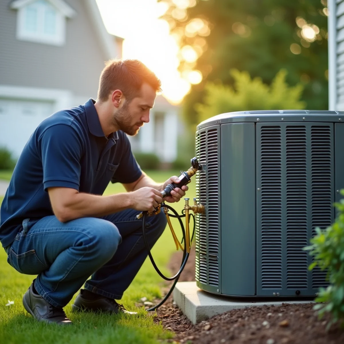 Technician checking refrigerant pressures on a central air conditioner in Miamisburg, OH
