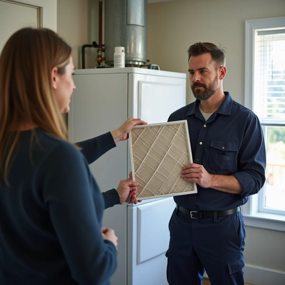 HVAC technician explaining a furnace filter and thermostat settings to a Dayton-area homeowner