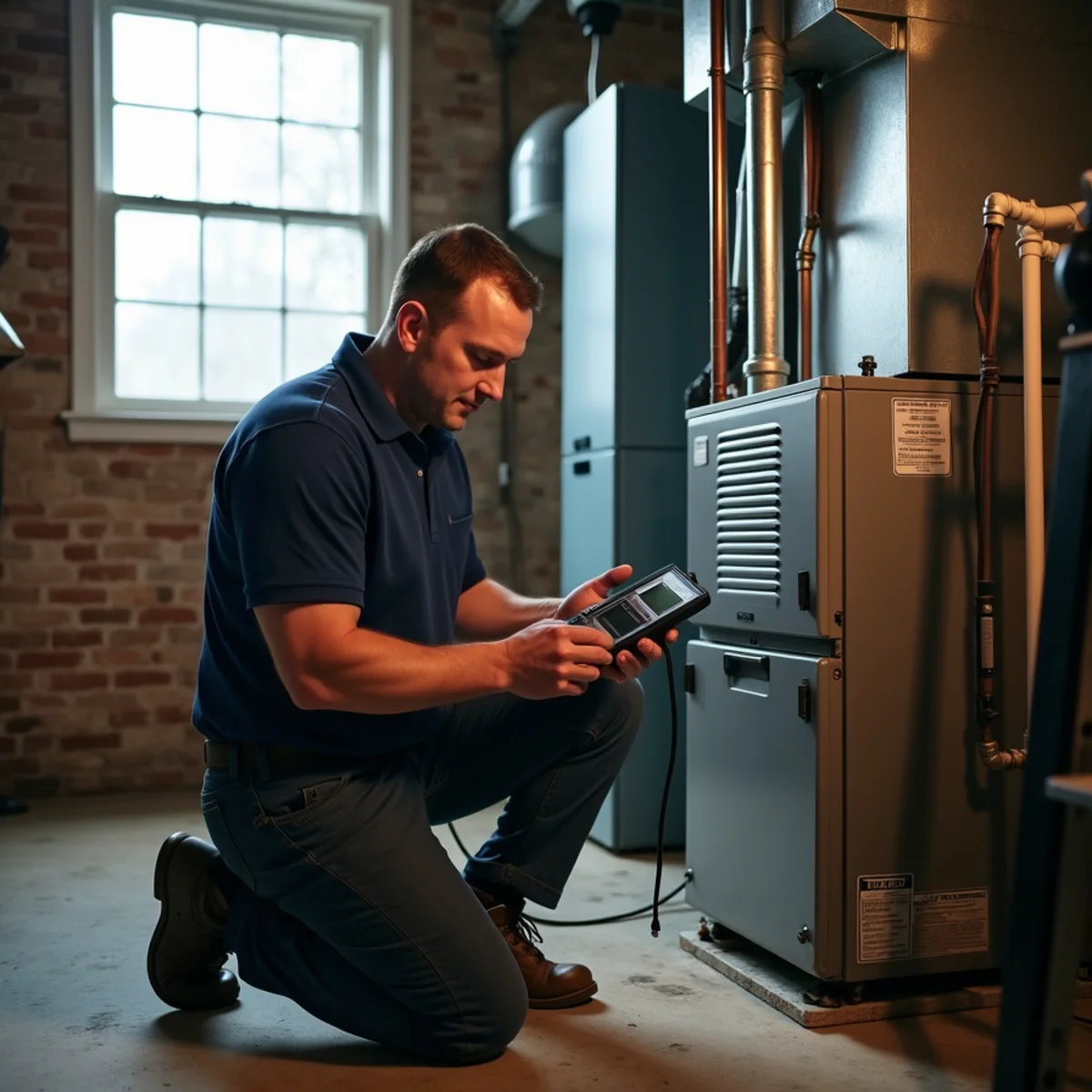 Technician running a combustion analysis on a gas furnace flue in a Miamisburg, OH basement