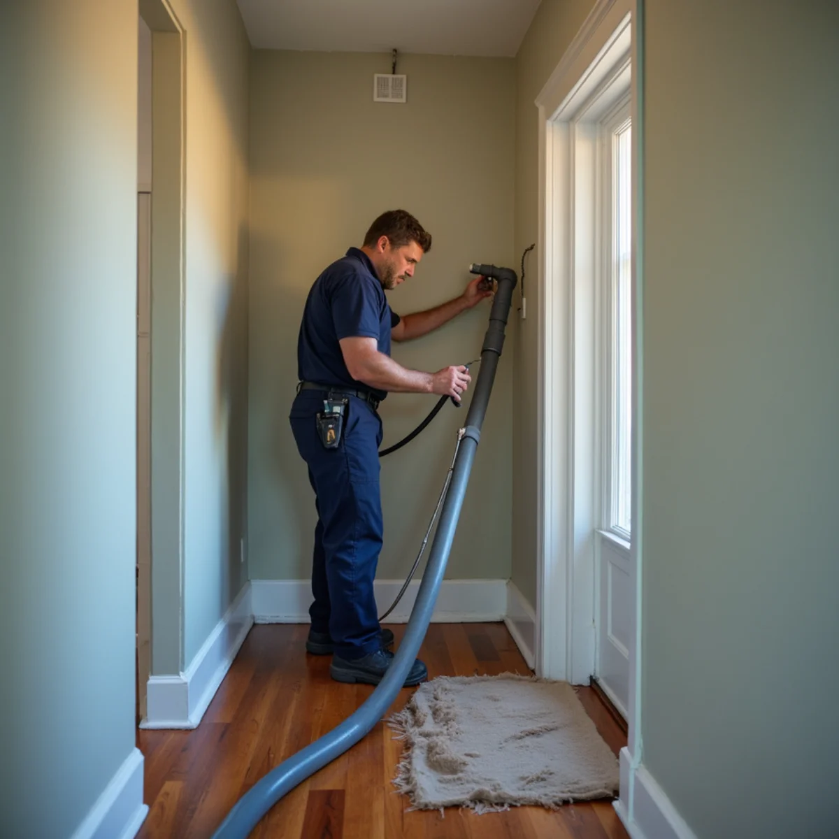 Technician using a negative-air duct cleaning machine on a home's ductwork in Miamisburg, OH