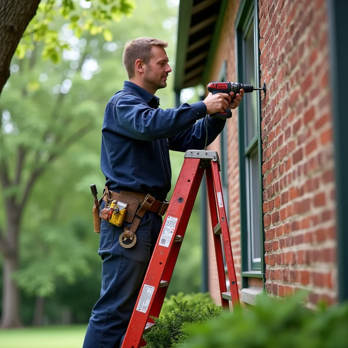 Technician core drilling a line-set hole for a ductless mini-split in an Oakwood, OH home