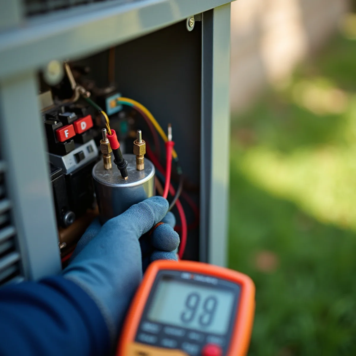 Testing an AC run capacitor with a meter during emergency AC repair in Kettering
