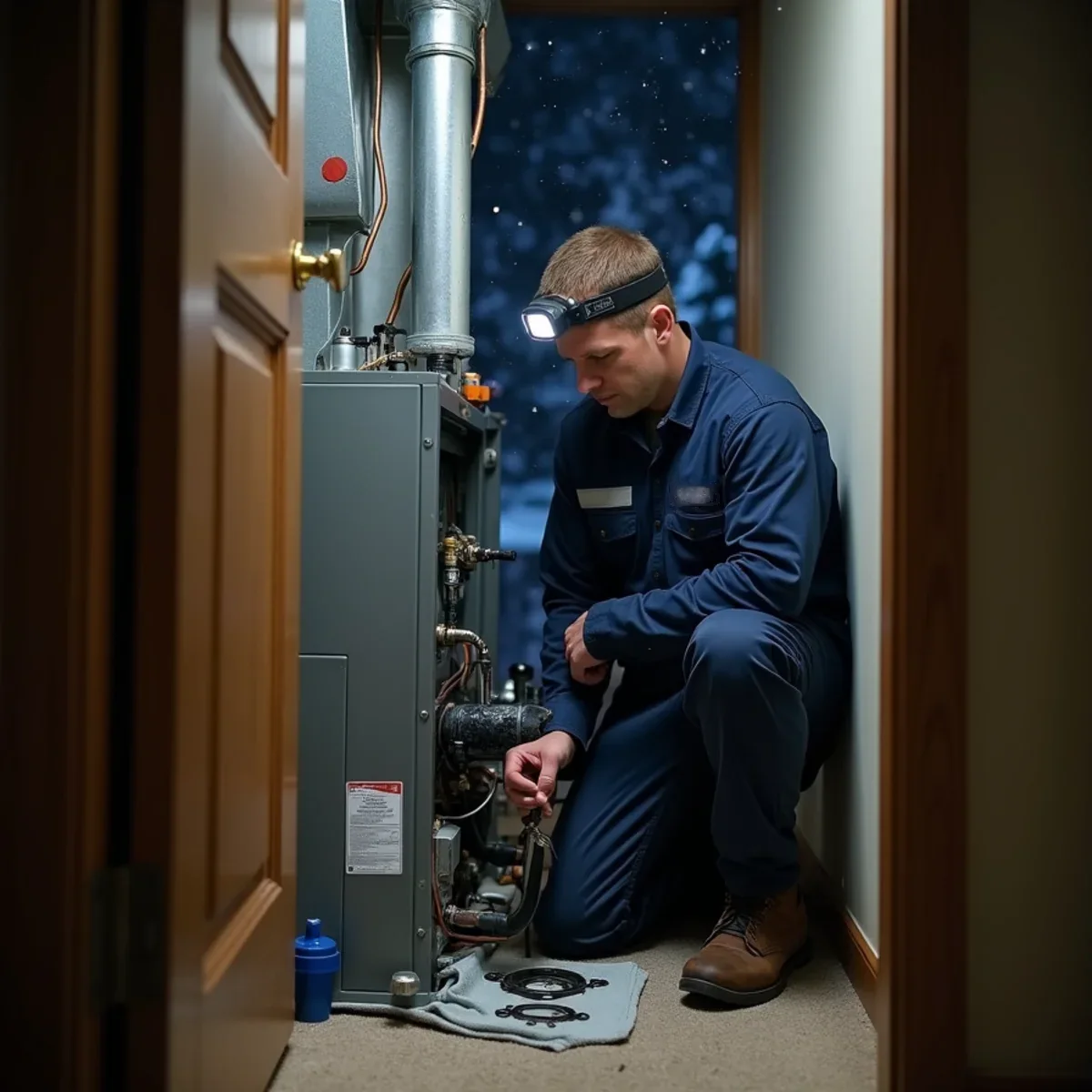 Emergency furnace repair with technician replacing an inducer motor on a cold Huber Heights night