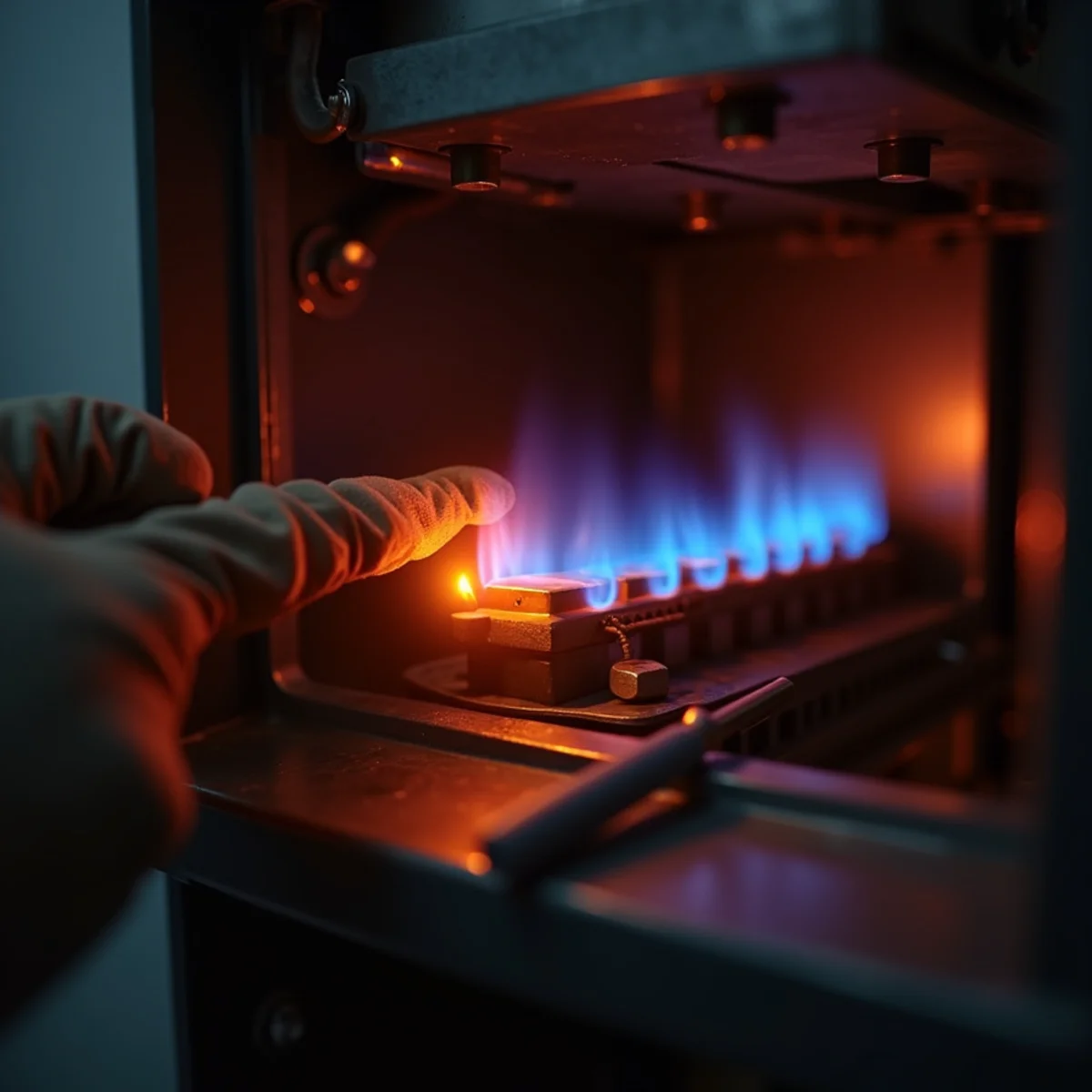 New hot surface ignitor glowing orange during emergency furnace repair in a Miamisburg home