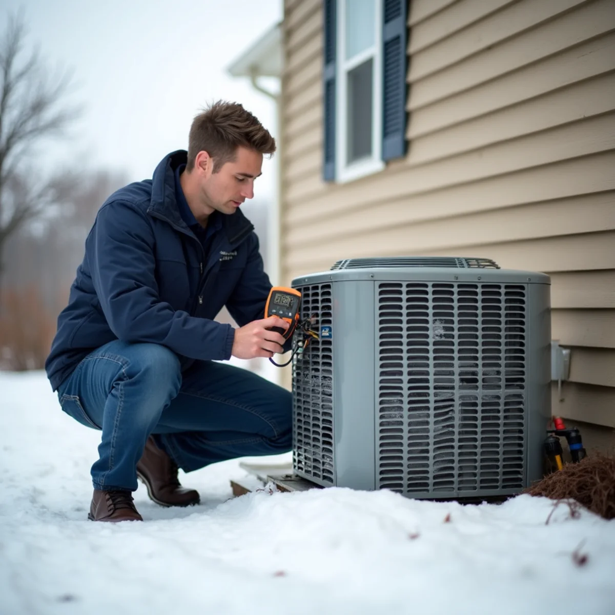 Technician inspecting an iced-over heat pump outdoor unit beside a two-story home in Miamisburg, OH in winter