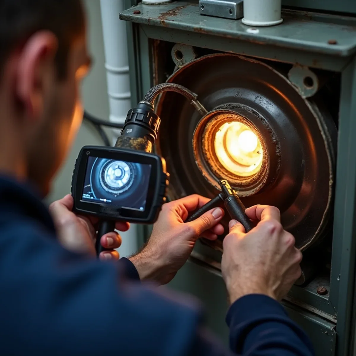 Inspection camera checking a gas furnace heat exchanger for cracks in a Centerville home