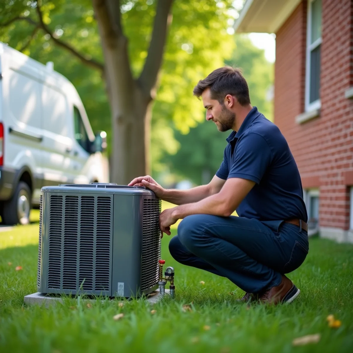 Comfort Air Solutions HVAC technician servicing an outdoor AC condenser beside a brick home in Miamisburg, OH