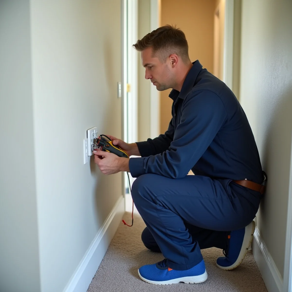 HVAC technician testing thermostat wiring in the hallway of a Miamisburg, OH home