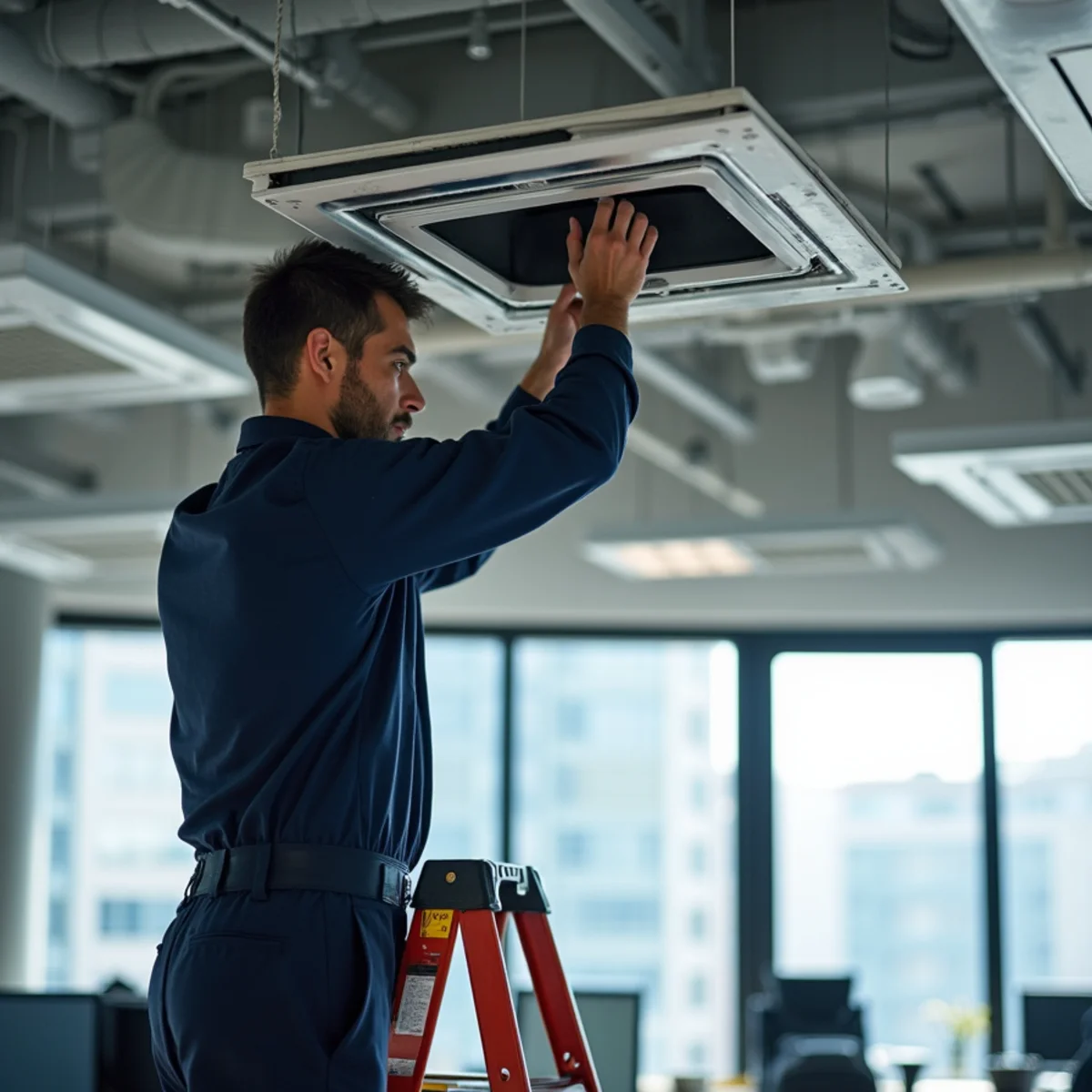 Commercial HVAC technician servicing a VAV box above an office ceiling in a Miamisburg business park