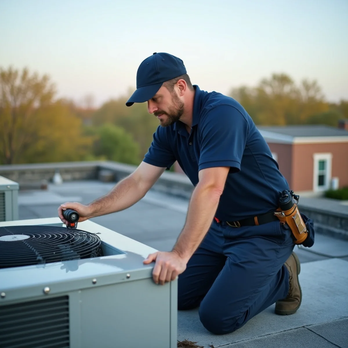 HVAC technician servicing a packaged rooftop unit on a light commercial building in Miamisburg, OH