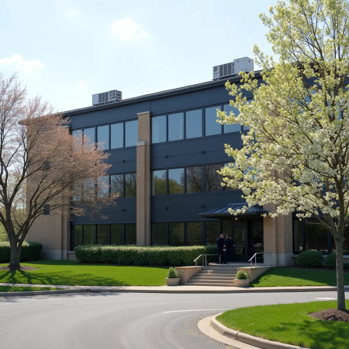 1980s low-rise office building with rooftop HVAC units in a Blue Ash, OH office park