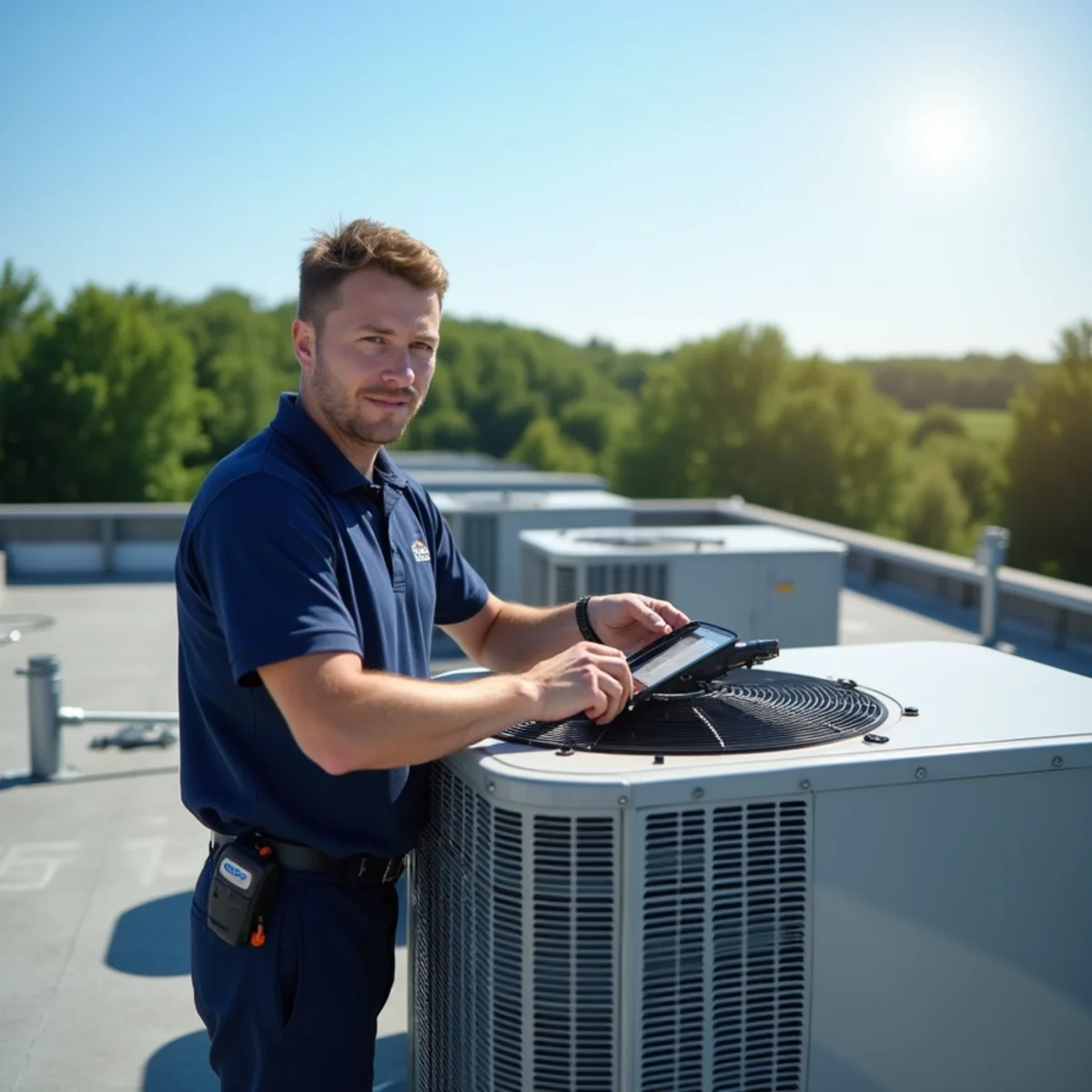 HVAC technician servicing a rooftop unit on a small commercial building in Butler County, OH