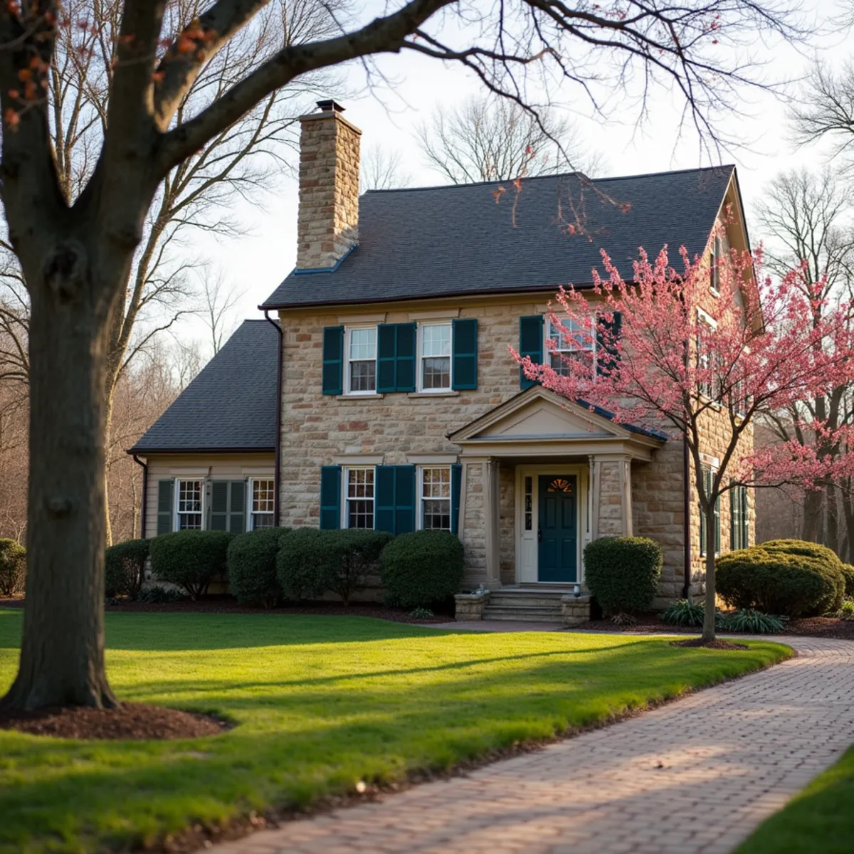 Early 1800s limestone house in the Centerville, OH historic district with screened condenser