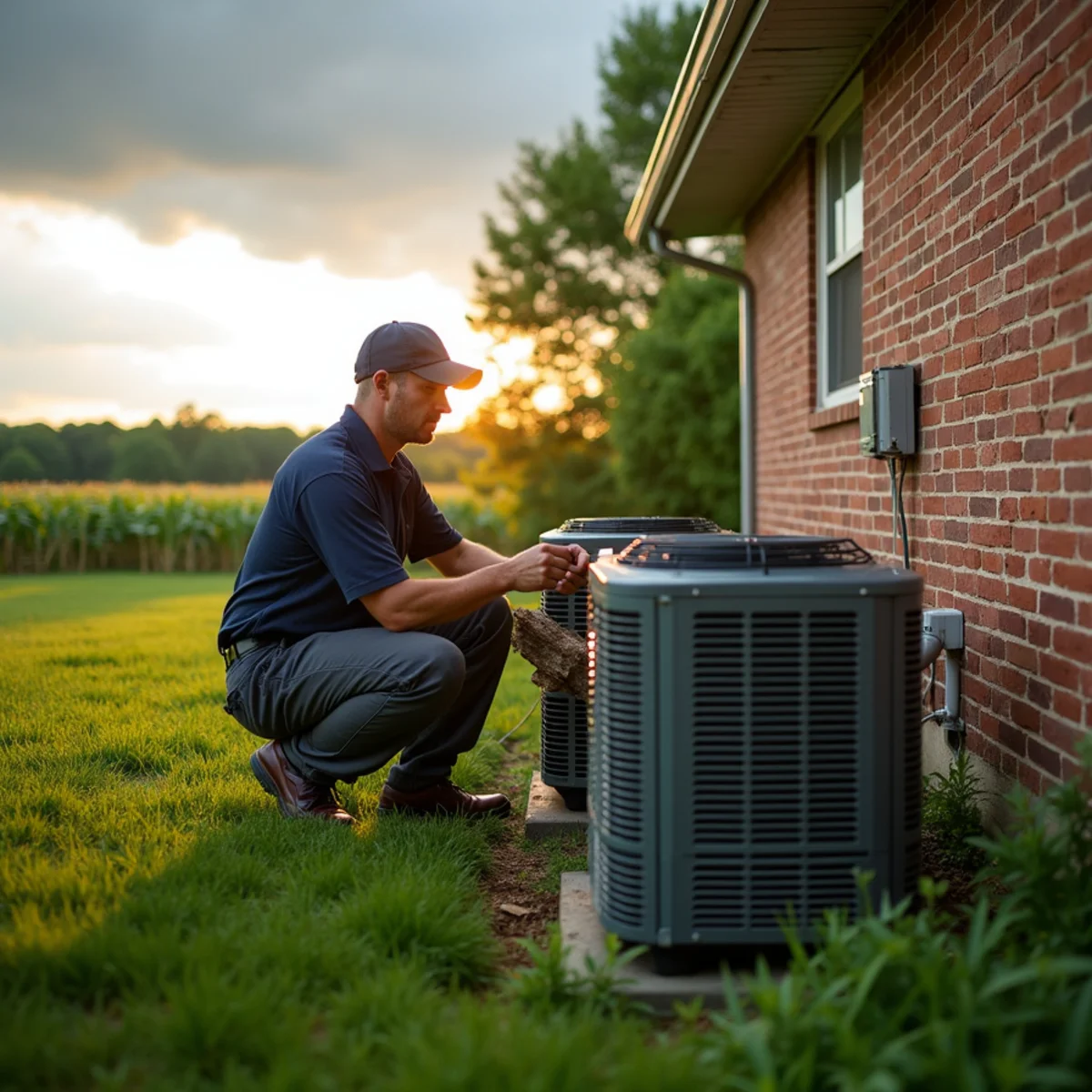 HVAC technician inspecting a storm-damaged AC condenser at a rural Clinton County, OH home