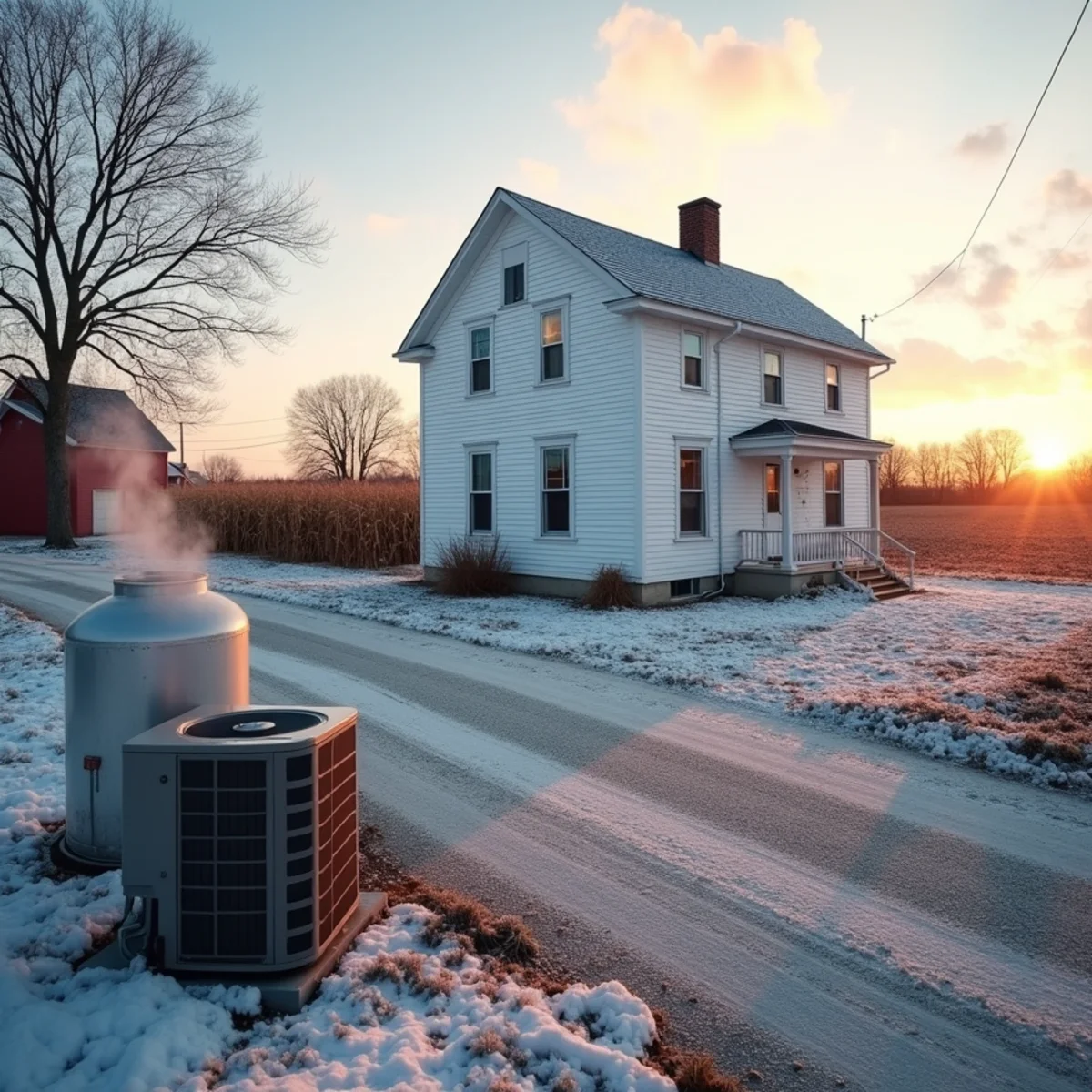 White farmhouse with a heat pump and propane tank outside Eaton, OH