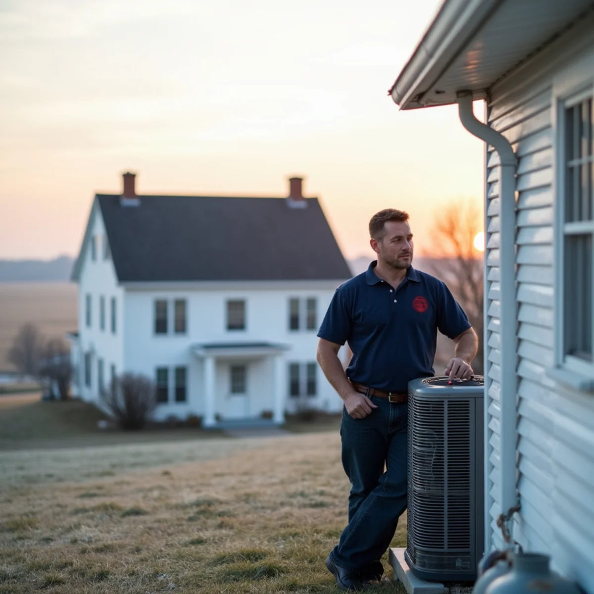 Technician servicing a heat pump outside a farmhouse near Eaton, OH
