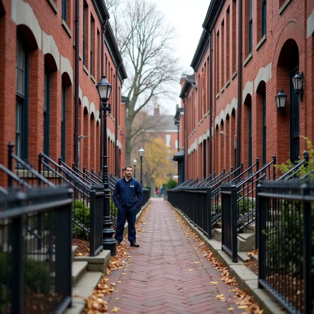 Historic 1800s brick homes in Hamilton, OH German Village with a condenser in the side yard