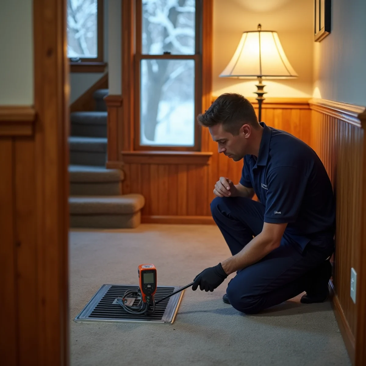 HVAC technician checking airflow at a supply register in a Kettering, OH split-level home
