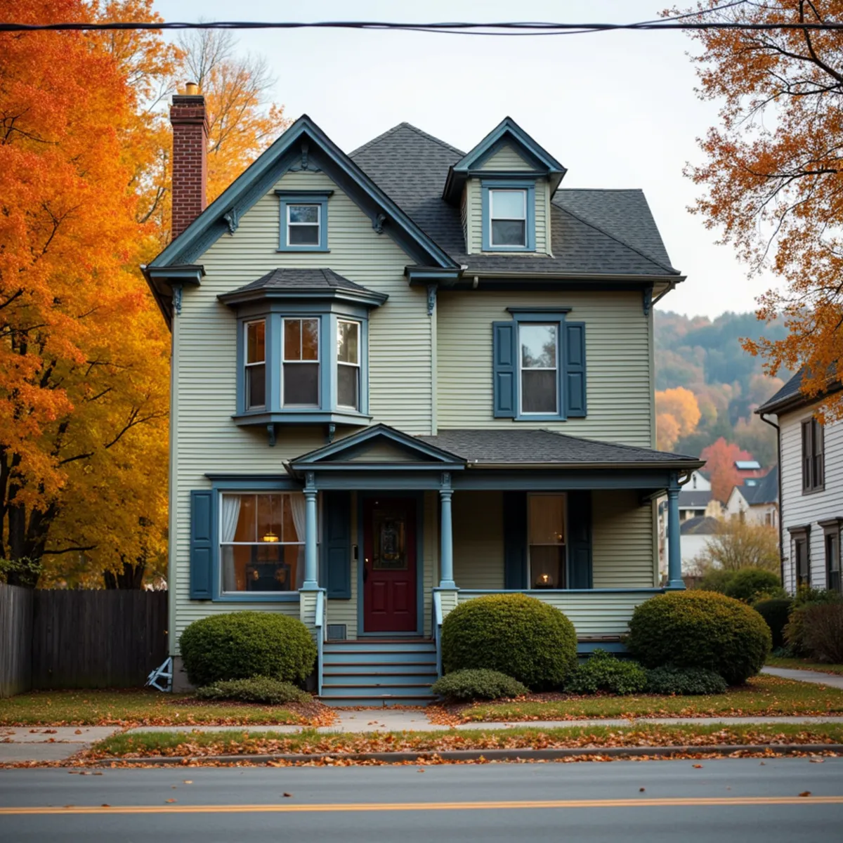 Victorian home near downtown and newer subdivision rooftops beyond in Lebanon, OH