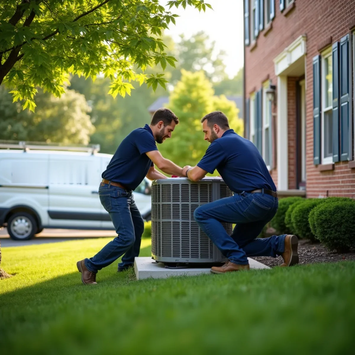 New Bryant air conditioner being installed beside a 2000s two-story home in Lebanon, OH