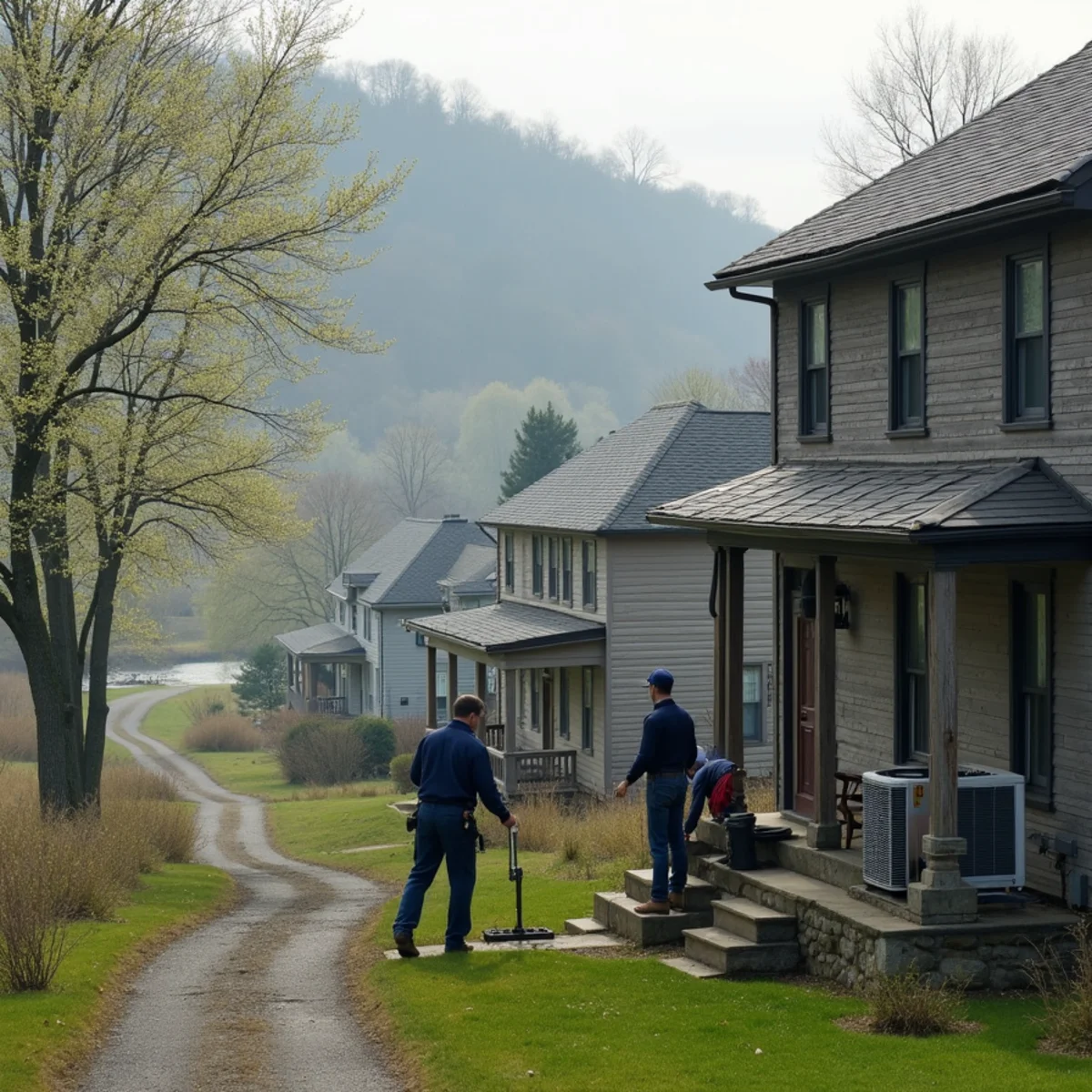 Older frame houses and hillside homes along the Little Miami valley in Loveland, OH