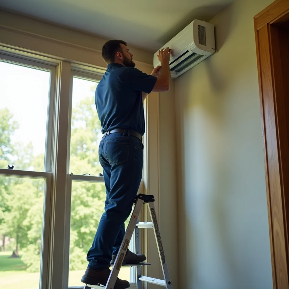 Technician mounting a ductless mini-split head in an older Loveland, OH home near the Little Miami River