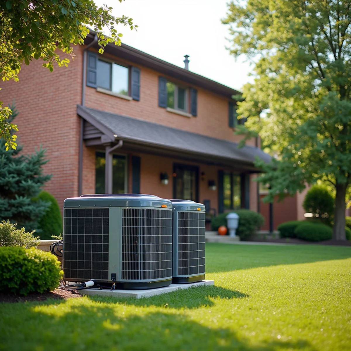 Large 2000s two-story home with two AC condensers side by side in Mason, OH