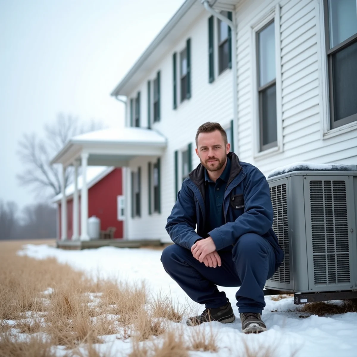 HVAC technician checking a heat pump outside a rural Miami County, OH farmhouse in winter