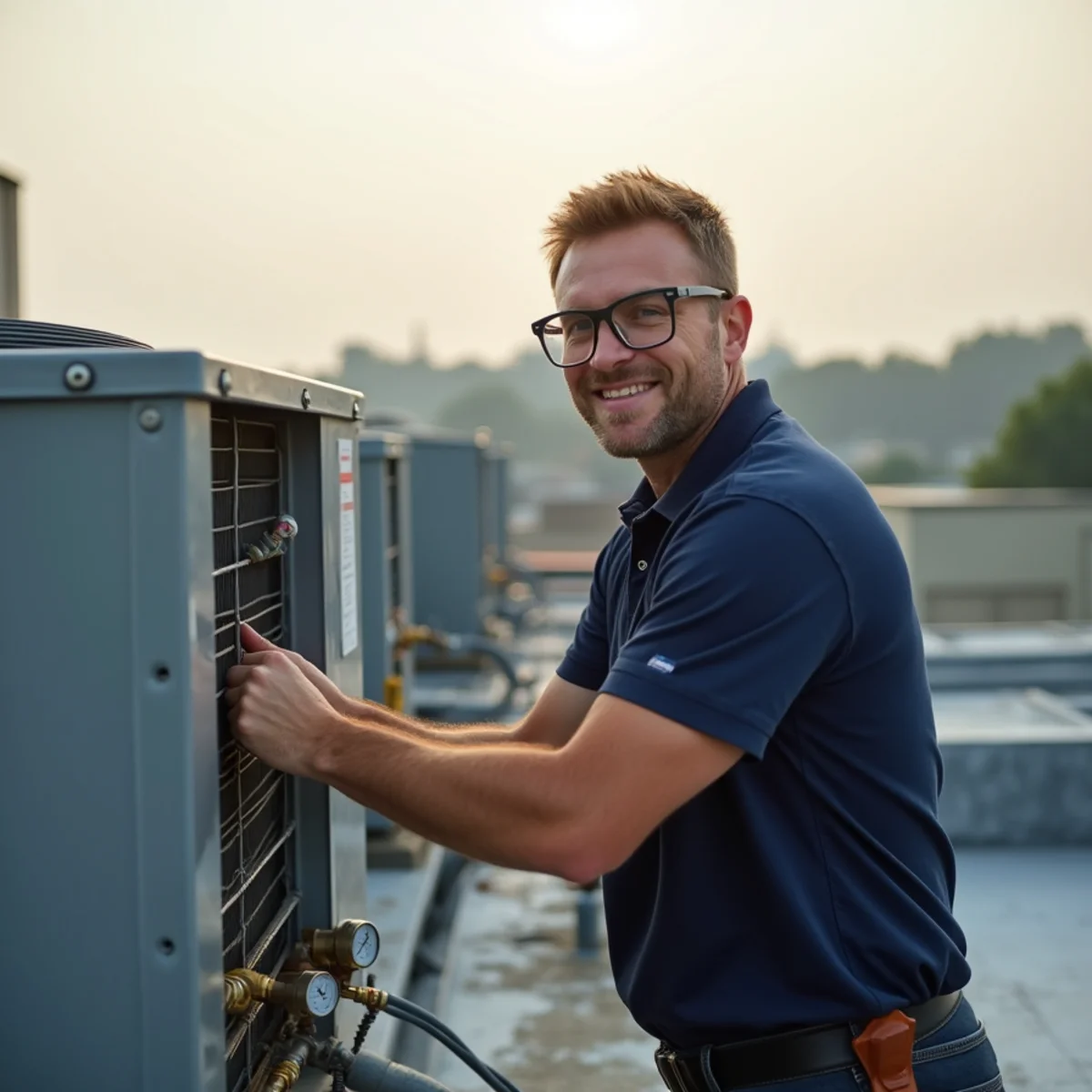 HVAC technician servicing a rooftop unit on a light industrial building in Moraine, OH