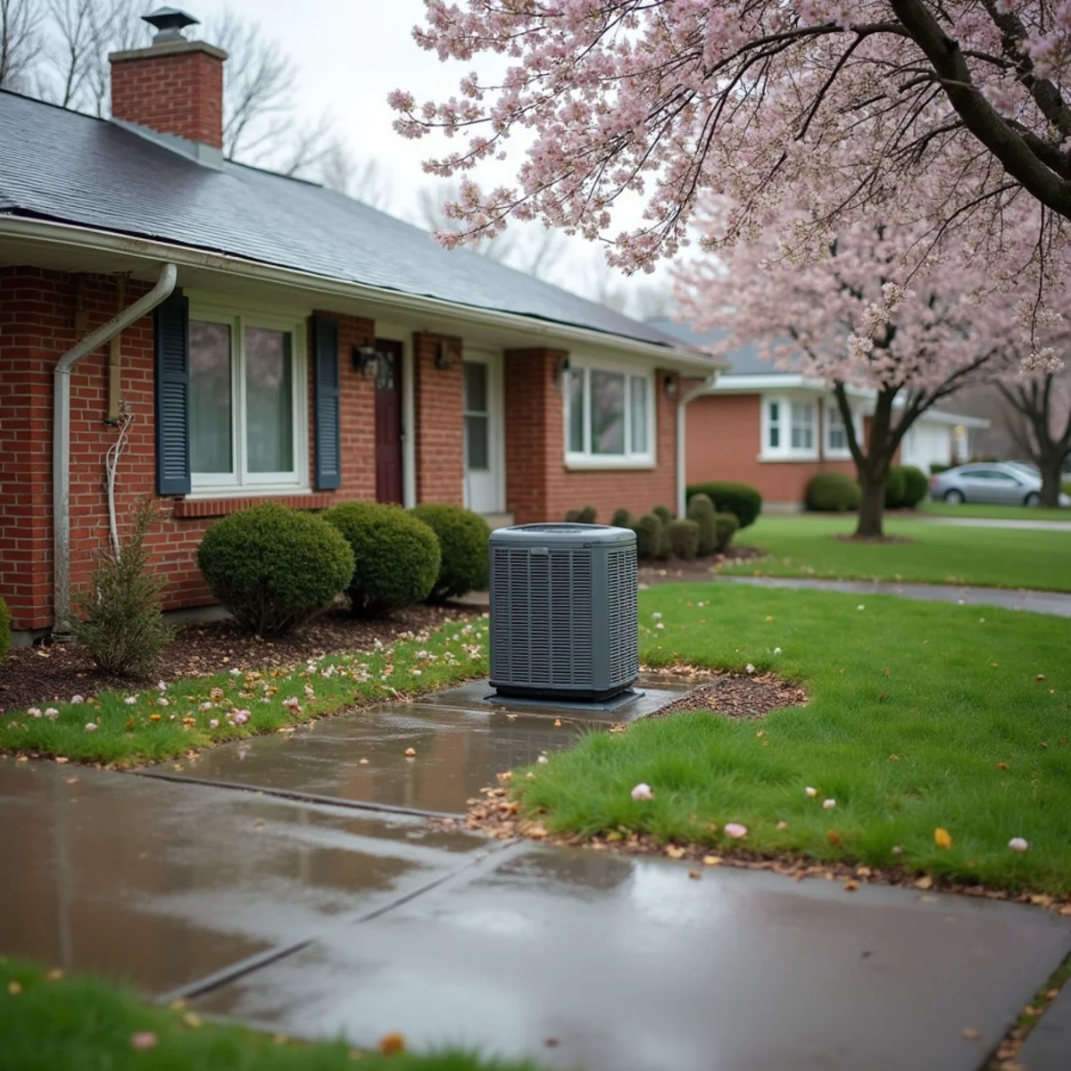 1960s ranch homes with older AC condensers on a quiet New Carlisle, OH street