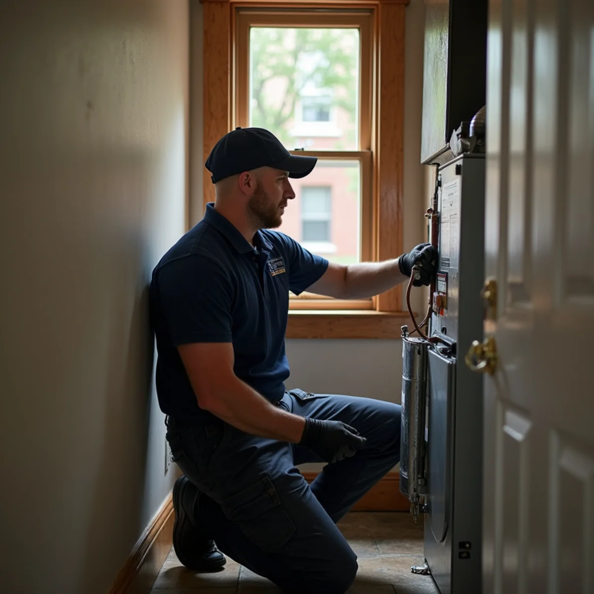 Technician servicing a furnace in an older rental house in Oxford, OH
