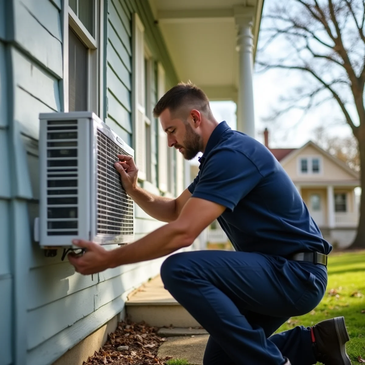 Technician installing a ductless unit in a Victorian home in Piqua, OH