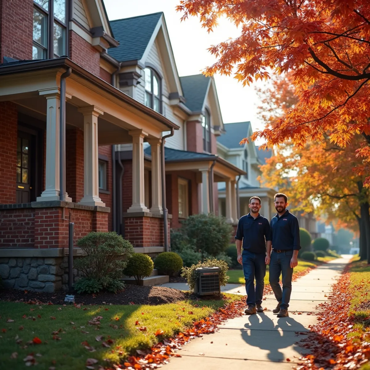 Early-1900s brick foursquare homes with side-yard condensers in Springfield, OH