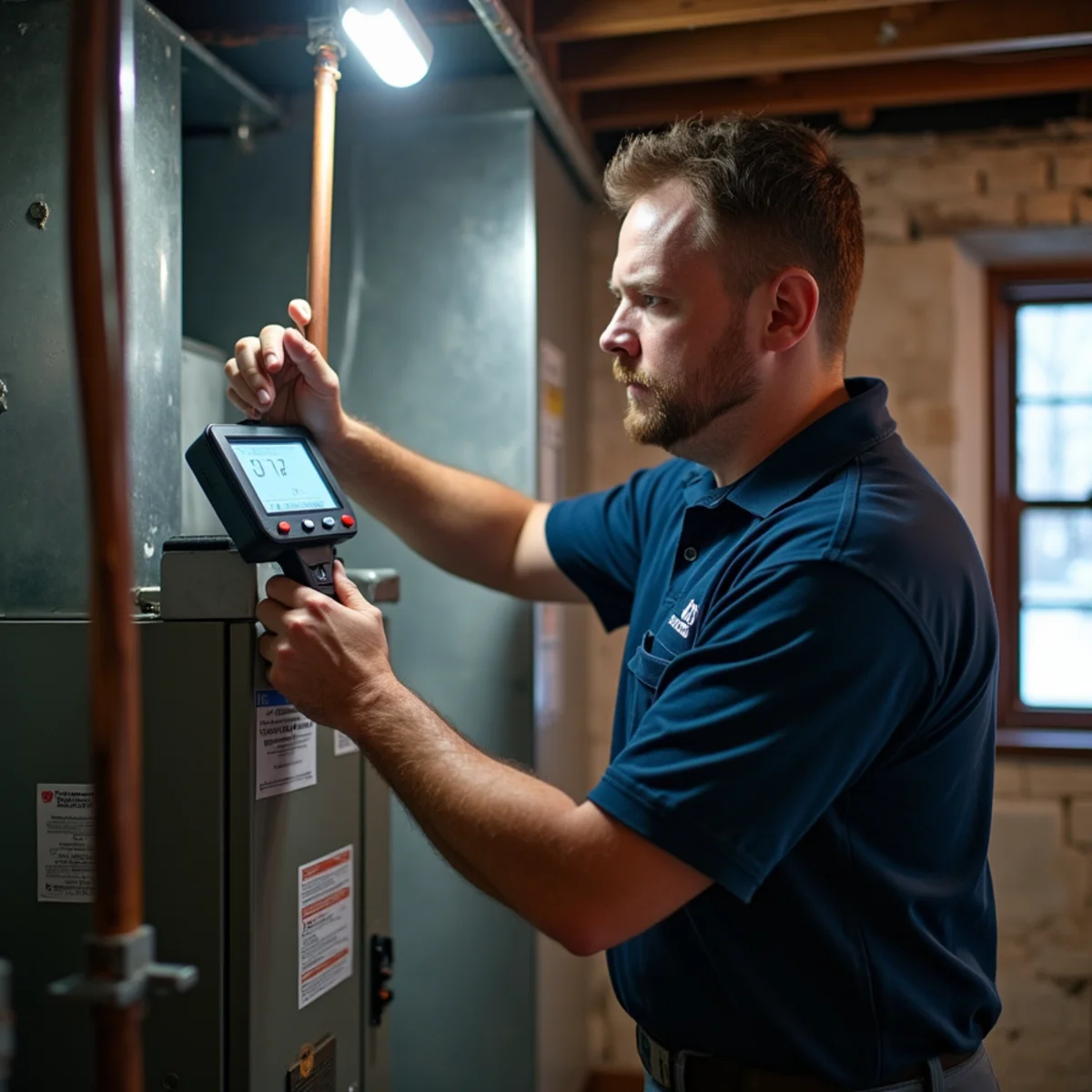HVAC technician checking a new furnace in an early-1900s home in Springfield, OH