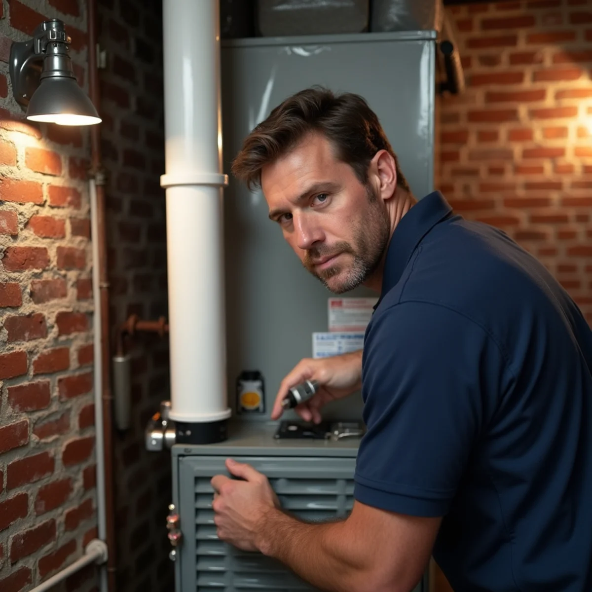HVAC technician replacing a furnace in a Victorian home in Urbana, OH
