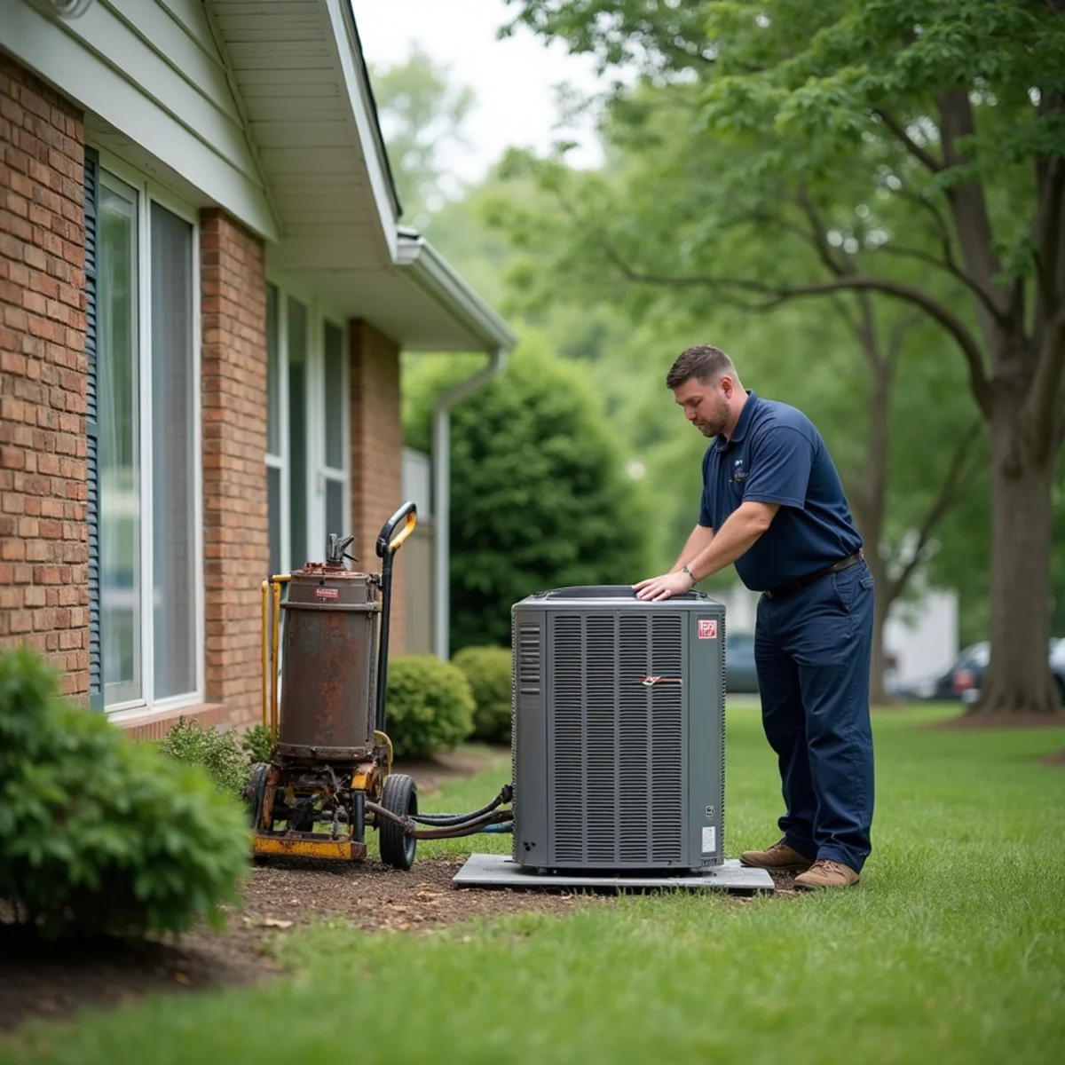 Technician installing a new AC condenser beside a 1960s ranch home in West Carrollton, OH