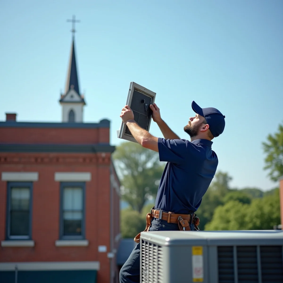 HVAC technician servicing a rooftop unit on a small commercial building in Wilmington, OH